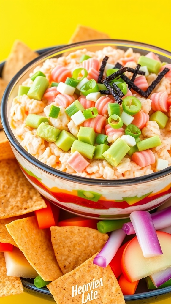 Savory 7 Layer Sushi Dip Recipe A layered sushi dip in a clear dish with colorful ingredients, served with tortilla chips and vegetables.